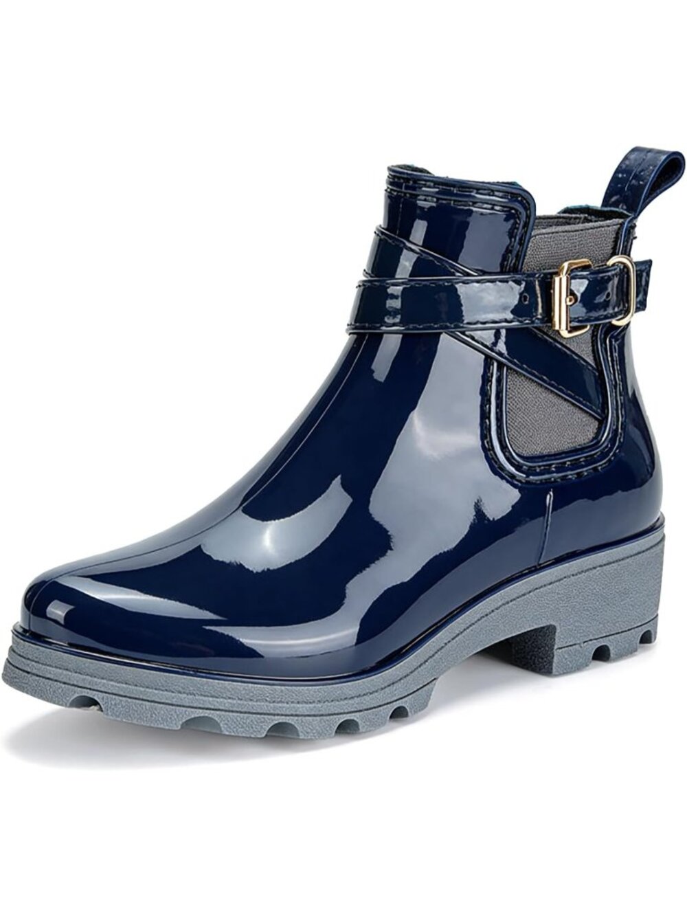 Women's Blue PVC Platform Lug Sole Chelsea Ankle Rain Boots with Buckle Pull On